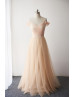 Off Shoulder Blush Lace Champagne Tulle Bridesmaid Dress
